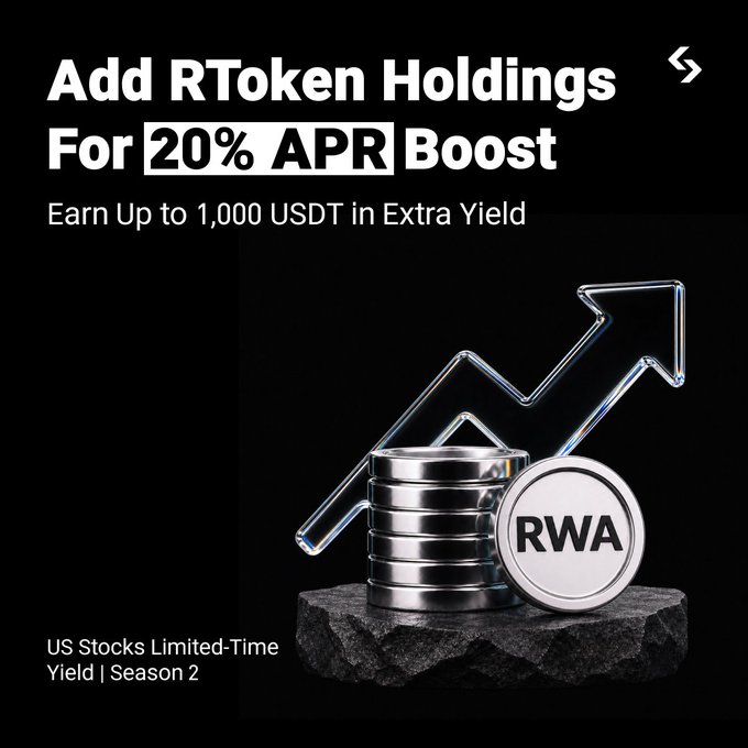 A promotional graphic for RToken Holdings offering '20% APR Boost' and the chance to 'Earn Up to 1,000 USDT in Extra Yield,' featuring silver coins labeled 'RWA' and text indicating 'US Stocks Limited-Time Yield | Season 2.'