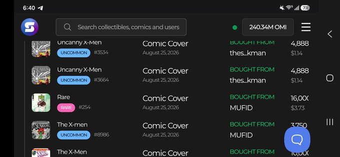 Screenshot of a digital collectibles marketplace showing comic covers like Uncanny X-Men and The X-Men with prices in OMI tokens, displaying a balance of 240.34M OMI.