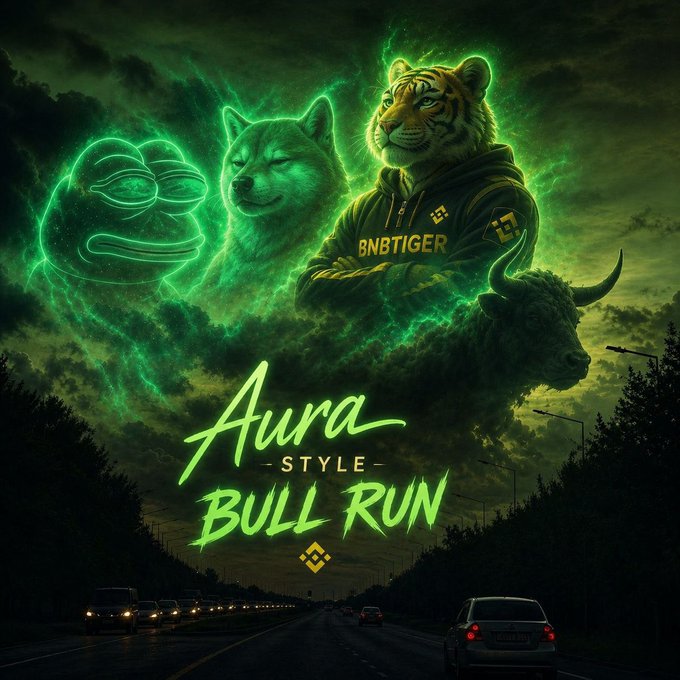 The image features a poster for an album called "Aura Style Bull Run" by BNBTiger, which is about a man named Fierce who is trying to create a new cryptocurrency called Bitcoin. The poster includes a scene of a tiger wearing a hoodie and holding a bull statue in its mouth, surrounded by cars on the road. The text on the poster reads "Aura Style Bull Run" with an image of a tiger and bull statue, and it also mentions that the album is about Fierce's attempt to create Bitcoin.