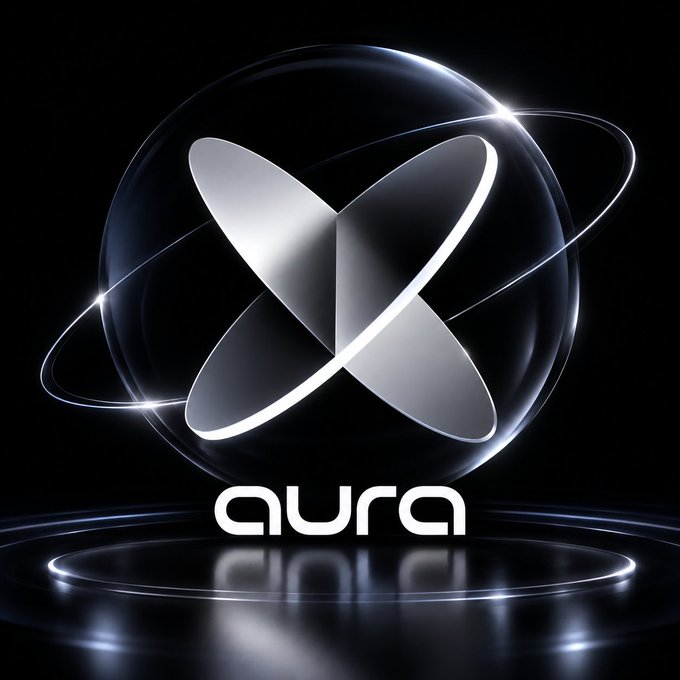 A digital logo featuring a metallic atom symbol enclosed within a transparent sphere, with the word 'aura' displayed below on a black background.