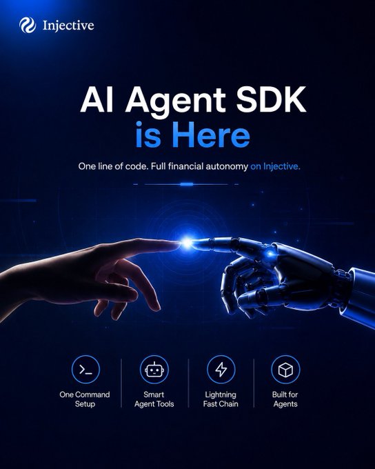 A promotional graphic for Injective announcing 'AI Agent SDK is Here' with 'One line of code. Full financial autonomy on Injective,' featuring a human finger touching a robotic hand and icons for One Command Setup, Smart Agent Tools, Lightning Fast Chain, and Built for Agents.