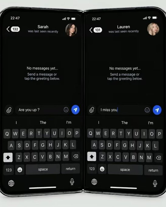 Two smartphones displayed side-by-side showing a messaging app interface with dark mode; one shows a draft 'Are you up ?' to 'Sarah' and the other 'I miss you' to 'Lauren'.