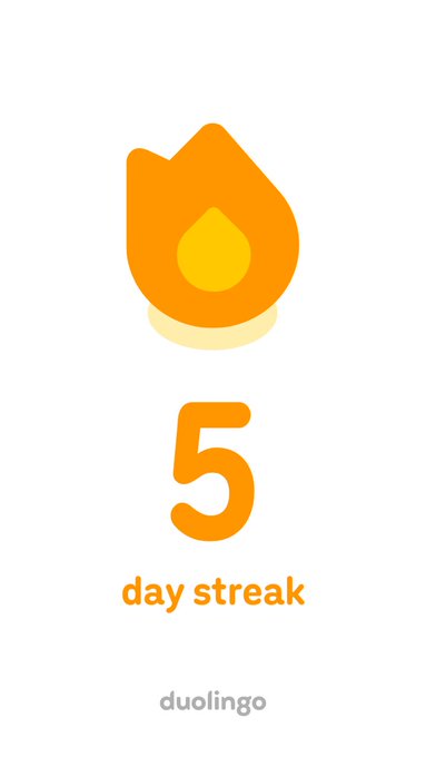 A Duolingo screen displays a 5-day streak with a flame icon, matching the post's milestone of "Day 5" of learning progress while "starting to recognise the shapes" of the language.