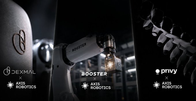 A dark, futuristic promotional image showing a robotic arm labeled 'BOOSTER' in the center, flanked by logos for 'DEXMAI x AXIS ROBOTICS' on the left and 'privy x AXIS ROBOTICS' on the right.