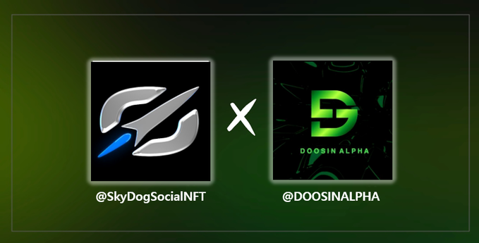 Two NFT collection logos are displayed side by side with an 'X' between them: '@SkyDogSocialNFT' on the left and '@DOOSINALPHA' on the right.