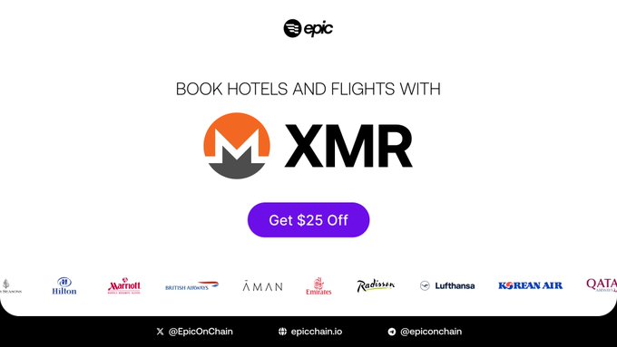 An advertisement stating 'BOOK HOTELS AND FLIGHTS WITH XMR' (Monero) offering $25 off through Epic, featuring logos of major airlines and hotels including Hilton, Marriott, British Airways, Lufthansa, and others.