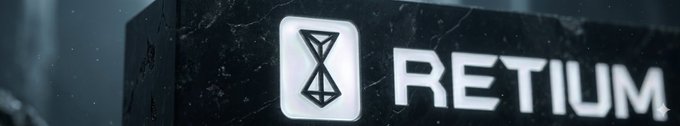 A logo for 'RETIUM' featuring an hourglass icon next to the text, set against a dark marble background.