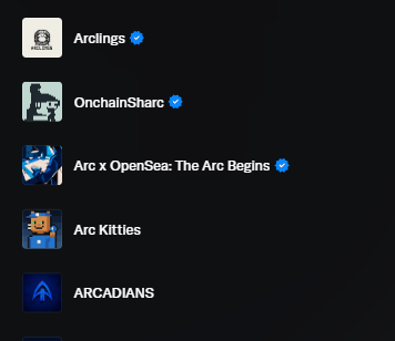 List of NFT collections with blue verification checkmarks, including 'Arclings', 'OnchainSharc', 'Arc x OpenSea: The Arc Begins', 'Arc Kittles', and 'ARCADIANS'.