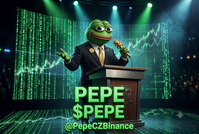A Pepe the Frog meme dressed in a suit stands at a podium with a microphone, with the text "PEPE $PEPE" and "@PepeCZBinance" displayed below against a digital green chart background.
