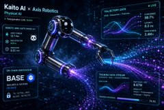 A dark interface showing 'Kaito AI × Axis Robotics' as Physical AI infrastructure with BASE Valuation metrics and holographic charts displaying performance percentages.