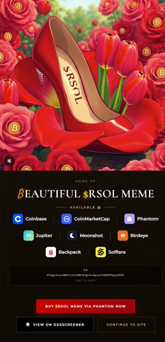 Promotional page for "Beautiful $RSOL MEME" token featuring a red high-heeled shoe with "$RSOL" on the sole surrounded by roses, with purchase options listed including Coinbase, CoinMarketCap, Phantom, Jupiter, Moonshot, Bindye, Backpack, and Solflare.
