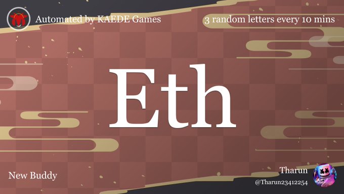 A digital game card displaying 'Eth' on a red checkered background, noting it was 'Automated by KAEDE Games' with '3 random letters every 10 mins.'