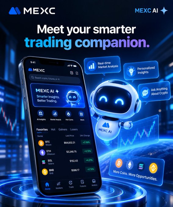 A MEXC cryptocurrency trading app advertisement featuring the tagline 'Meet your smarter trading companion,' with an AI robot mascot and a smartphone displaying market data for BTC, ETH, SOL, and BNB.