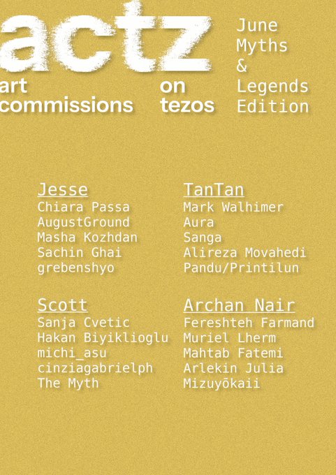 The image features an advertisement poster for the June Myths & Legends Edition, which has been selected by @artcommissiontz on Tezos. The poster includes the names of several artists who have contributed to this edition. The text "So happy to share that I have been selected for the June Myths & Legends Edition" is prominently displayed at the bottom of the image, indicating the selection process and the artist's involvement in creating this edition.