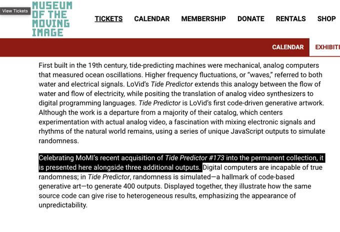 A Museum of the Moving Image webpage about 'Tide Predictor' describes LoVid's code-driven generative artwork that uses JavaScript to simulate randomness while highlighting their acquisition of Tide Predictor #173.