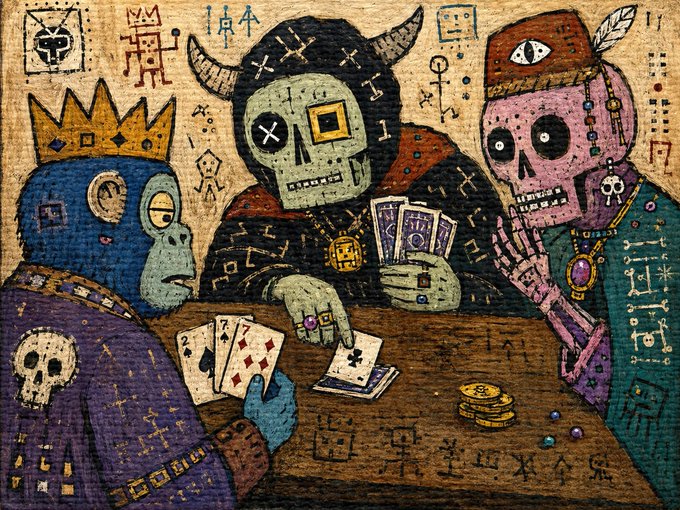 A painting in the style of Jean-Michel Basquiat depicting three skeletal figures playing cards around a table adorned with symbols and gold coins.