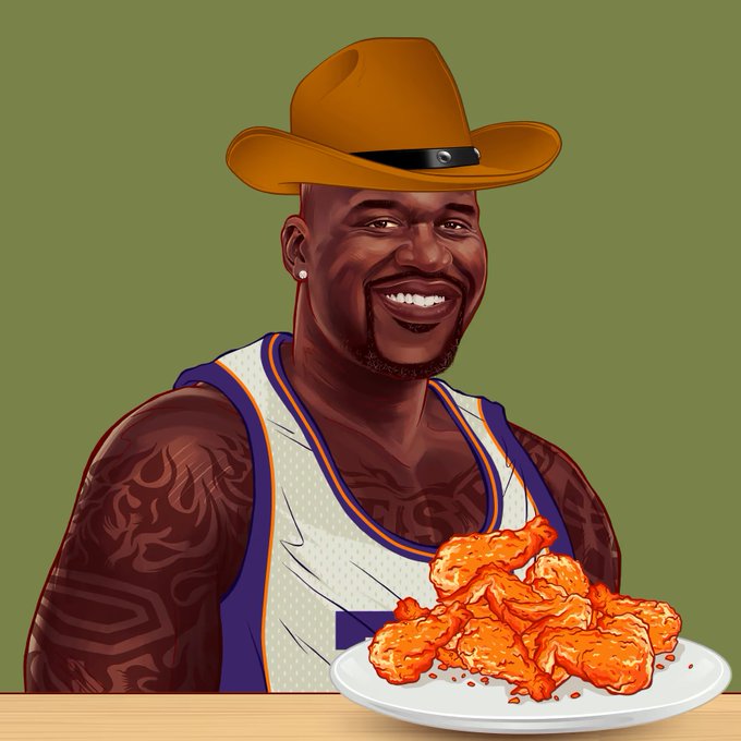 A digital illustration of a muscular Black man wearing a cowboy hat and a white basketball jersey with purple and orange trim, smiling while holding a plate piled high with fried chicken.