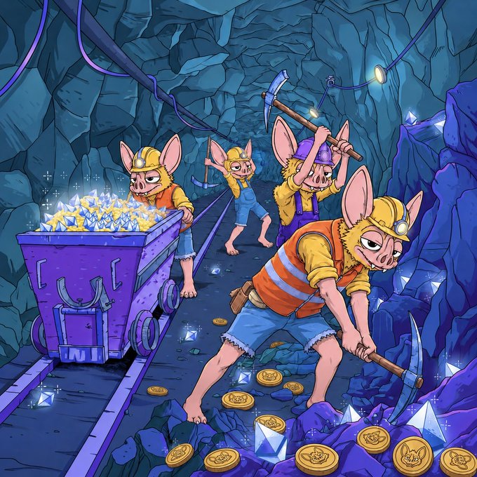 Four anthropomorphic pigs dressed as miners work diligently in a crystal-filled cavern, with one in a safety vest swinging a pickaxe to collect gold coins and gemstones from a rich ore vein, fitting the "hoodrat detected" meme's implication of back-alley hustling for valuables.