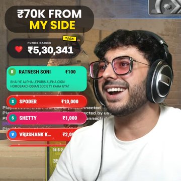 A smiling young man wearing pink-tinted glasses and headphones appears on a livestream overlay showing ₹70K raised "FROM MY SIDE," with ₹5,30,341 total funds raised and top donors listed including "RATNESH SONI ₹100," "SPOODER ₹10,000," "SHETTY ₹1,000," and "VRUSHANK K ₹2,000." The caption critiques the crypto community's generosity compared to wealthy YouTubers, highlighting the modest individual donations shown in the stream as evidence of grassroots support.