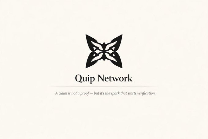 A minimalist logo page for 'Quip Network' featuring a black butterfly icon and the tagline 'A claim is not a proof — but it's the spark that starts verification.'