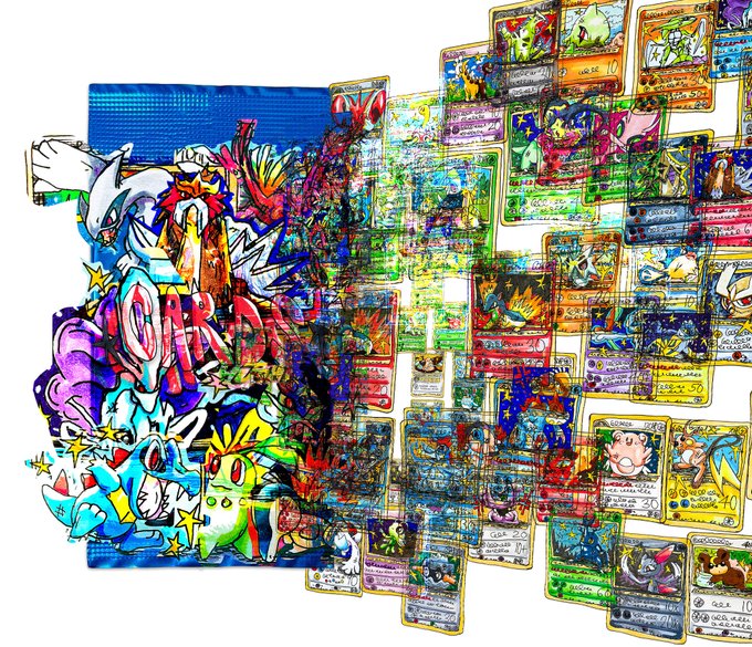 A chaotic, colorful collage featuring overlapping Pokémon trading cards mixed with vibrant cartoon artwork and graffiti-style designs.