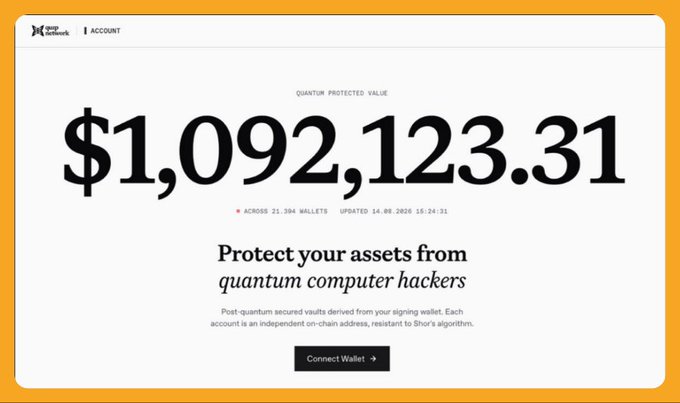 A web interface displaying 'QUANTUM PROTECTED VALUE' of '$1,092,123.31' across 21,394 wallets, advertising post-quantum secured vaults to 'Protect your assets from quantum computer hackers'.