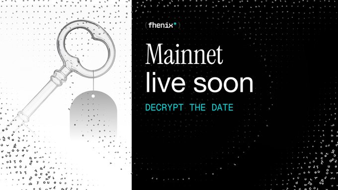 A Fhenix promotional graphic with a key illustration reads 'Mainnet live soon - DECRYPT THE DATE' against a black and white pixelated background.
