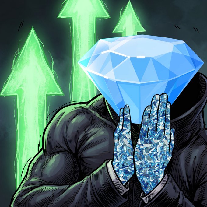 The illustration features an artist's drawing of a muscular man wearing black clothing holding up a diamond. The diamond itself appears to be made of real diamonds, giving the impression that it has come to life from the drawing. In addition, there are three upward-pointing arrows next to the diamond in the background. There is also text that references a Telegram integration for TON and mentions an increase in market sentiment.