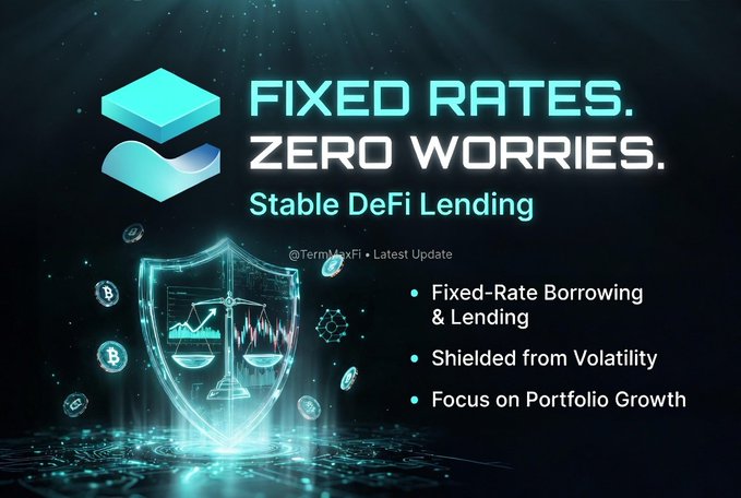 The image features a shield with a scale on top, surrounded by various cryptocurrency symbols such as Bitcoin and Ethereum. The text "Fixed Rates. Zero Worries." is displayed above the shield, along with the phrase "Stable DeFi lending" below it. The background of the image is black, which contrasts with the blue shield and makes the text stand out.