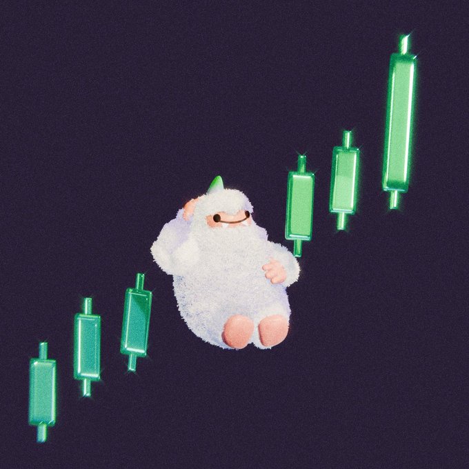 A fluffy white yeti plushie with a small green party hat sits amid glowing green candlestick chart bars ascending across a dark background, visually representing the "bulk season" market rally.
