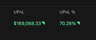A dark screen displaying unrealized profit and loss (UPnL) of $169,068.33 with a UPnL percentage of 70.26% shown in green text.