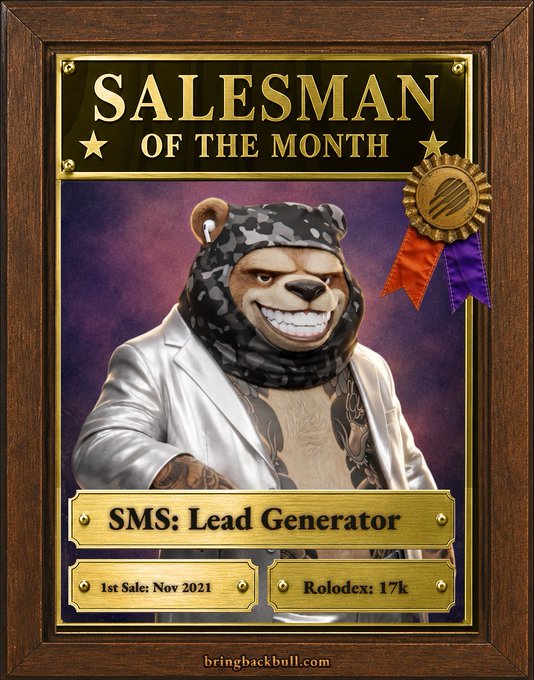 A "Salesman of the Month" award plaque featuring an anthropomorphic bull in a white suit, awarded to "SMS: Lead Generator" with a 1st sale in November 2021 and a 17k Rolodex, humorously promoting Solana's appearance on EcosystemCall.