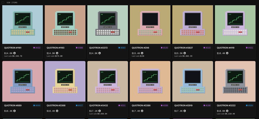 A marketplace interface displays 330 Quotron NFT items in various pastel colors, showing item numbers, prices (ranging from $14.0k to $18.6k), and last sale data.