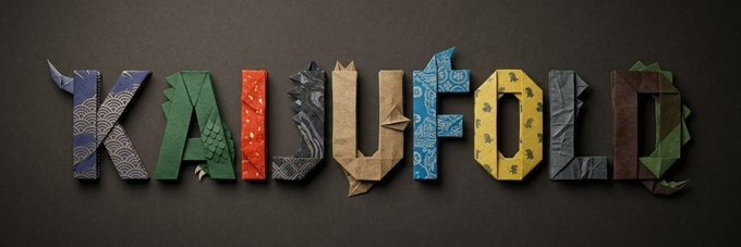 The word 'KAIJUFOLD' displayed in colorful, origami-style letters with various patterns and textures against a dark background.