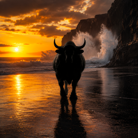 A silhouette of a bull stands defiantly on a wet beach at sunset, framed by crashing waves and a glowing orange sky. The scene's steadfast, solitary figure mirrors the post's theme of relentless forward movement, embodying the unyielding "SHADOW" amid nature's raw power.
