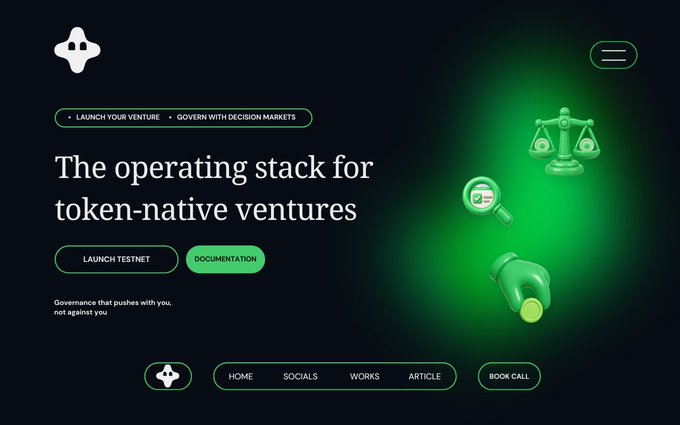 Website landing page titled 'The operating stack for token-native ventures' with buttons for 'Launch Testnet' and 'Documentation,' featuring a green gradient background with 3D icons.