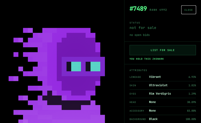 A digital marketplace interface shows pixel art of a purple character (#7489, Rank 4992) with attributes including Lineage 'Vibrant', Skin 'Ultraviolet', Eyes 'Rim Verdigris', and a status of 'not for sale'.