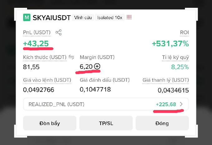 A trading interface screenshot showing 'SKYAIUSDT' position details in Vietnamese, including a PnL of +43.25 USDT, ROI of +531.37%, and realized PnL of +225.68 USDT, with values circled in red.