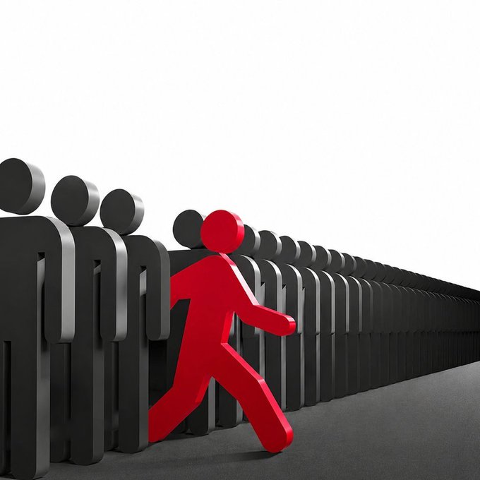 A bright red figure strides forward, breaking away from a long, orderly line of identical dark-gray figures on a receding plane—a visual metaphor for forging one's own path. The image reinforces the message of standing out from the crowd by building on #TRON.