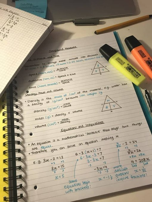 A handwritten study notebook page covering math topics like 'Compound Measures,' 'Density Mass and Volume,' and 'Equations and Inequalities,' surrounded by highlighters and pens.