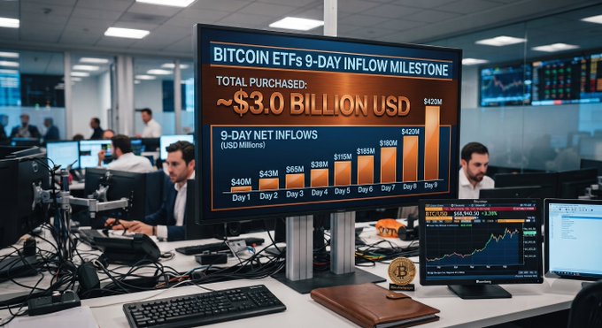 A trading desk monitor displaying 'BITCOIN ETFs 9-DAY INFLOW MILESTONE' with a total of '~$3.0 BILLION USD'.
