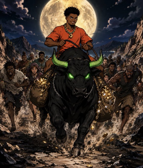 An anime-style illustration of a young man in an orange shirt riding a massive, glowing green-eyed black bull while being chased by a horde of people under a full moon.