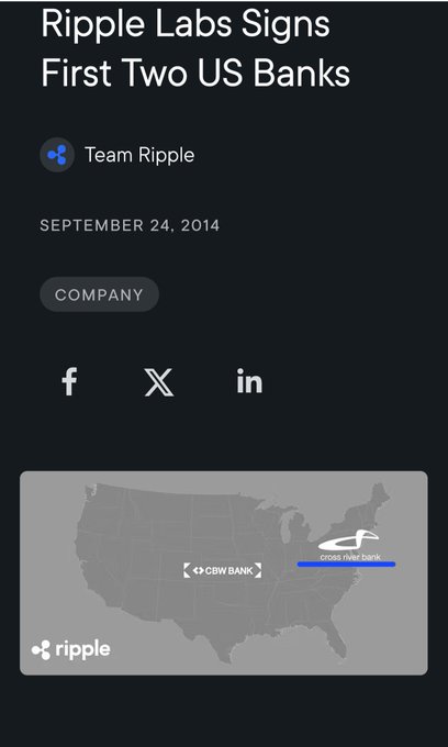 A mobile screenshot of a Ripple Labs article titled "Ripple Labs Signs First Two US Banks" dated September 24, 2014, by Team Ripple, featuring a US map highlighting the locations of CBW Bank and Cross River Bank.