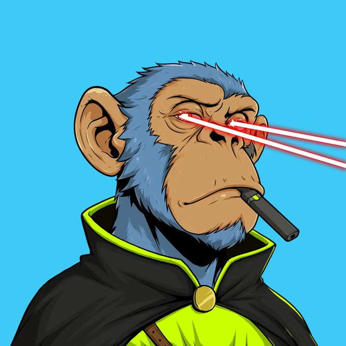 A cartoon blue chimpanzee wearing a black cape and green shirt smirks while blowing red laser beams from its eyes and puffing on a cigar against a bright blue background.