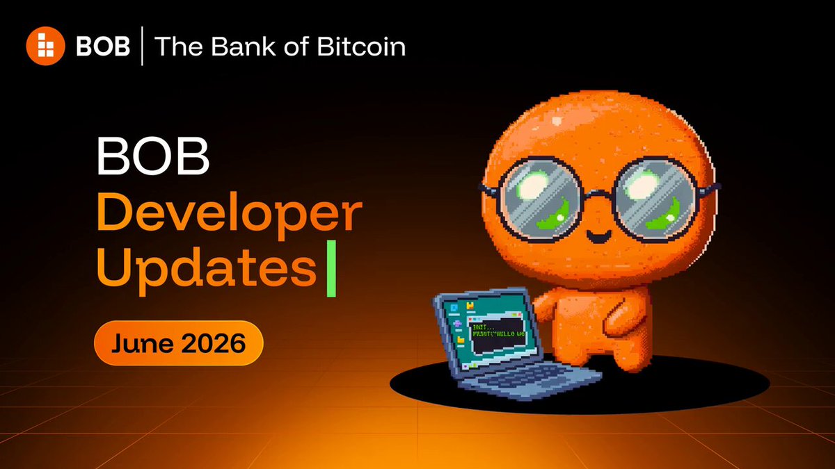 The image shows a small orange cartoon character holding an open laptop computer. The text at the bottom of the image reads "Here' s what BOB devs shipped in the last month across 218 merged PRs: TL;DR: → BBO Gateway now has the best rates for BTC stablecoin swaps → New routes and assets, including tokenized gold → Added Arbitrum support → More transparent price impact → Hardened security and". The post suggests that there are new features or benefits to the BOB gateway platform. The cartoon character represents a user of the service while the laptop symbolizes the actual product being offered by the bank or Bitcoin exchange.