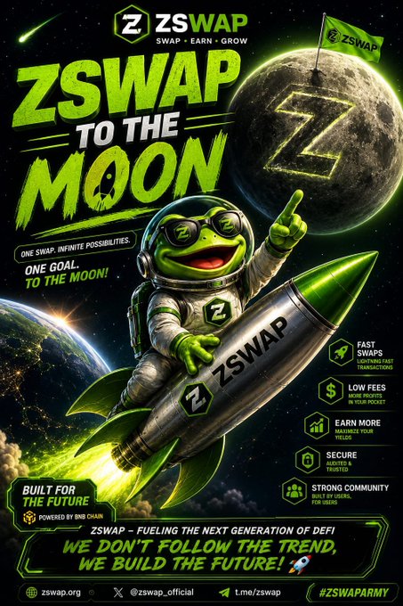 A vibrant green and black promotional poster for "ZSWAP" features a frog in an astronaut suit riding a rocket, with the slogan "ZSWAP TO THE MOON" and "WE DON'T FOLLOW THE TREND, WE BUILD THE FUTURE!".