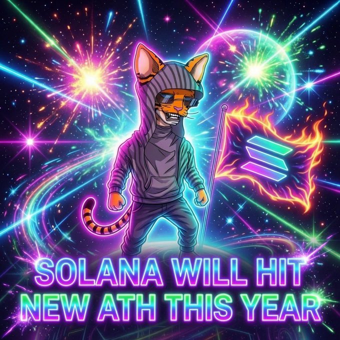 An anthropomorphic tiger wearing a striped hoodie and sunglasses holds a flaming Solana logo flag against a cosmic background of fireworks and laser lights, with the bold neon text "SOLANA WILL HIT NEW ATH THIS YEAR" displayed below.