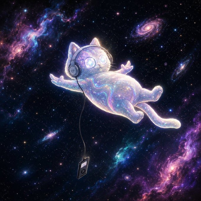 A cosmic illustration of a cat floating through colorful galaxies and nebulas in space, wearing headphones connected to a portable music player.
