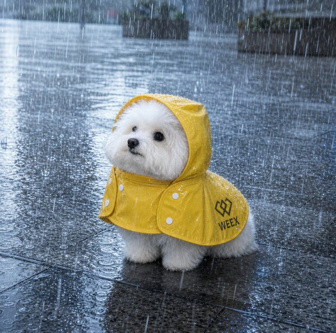 The image features a small white dog wearing a yellow raincoat with the word "weex" written on it, sitting on a wet sidewalk during a rainy day. The dog appears to be looking at something or someone outside of the frame.