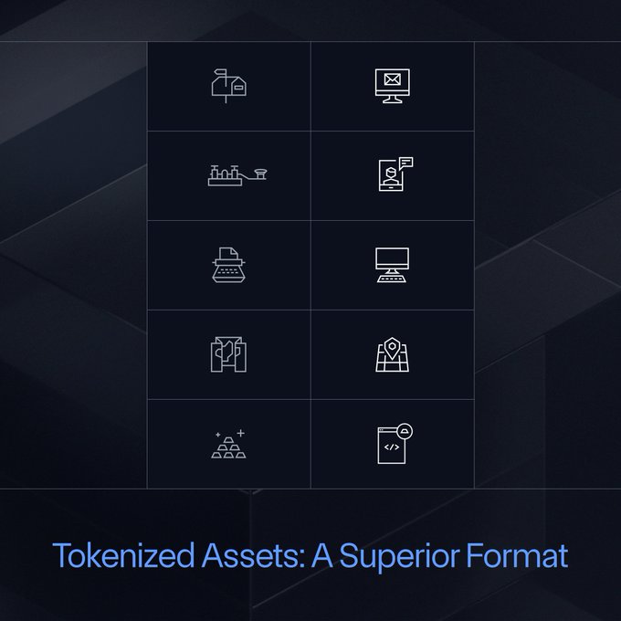 The image features a grid of ten minimalist line icons on a dark background, with the blue text "Tokenized Assets: A Superior Format" displayed at the bottom, visually framing tokenization as the modern infrastructure for the $35B in current real-world assets compared to the $867T global opportunity ahead.